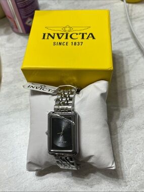 Invicta Silver Tone Rectangular Black Dial Bracelet Watch